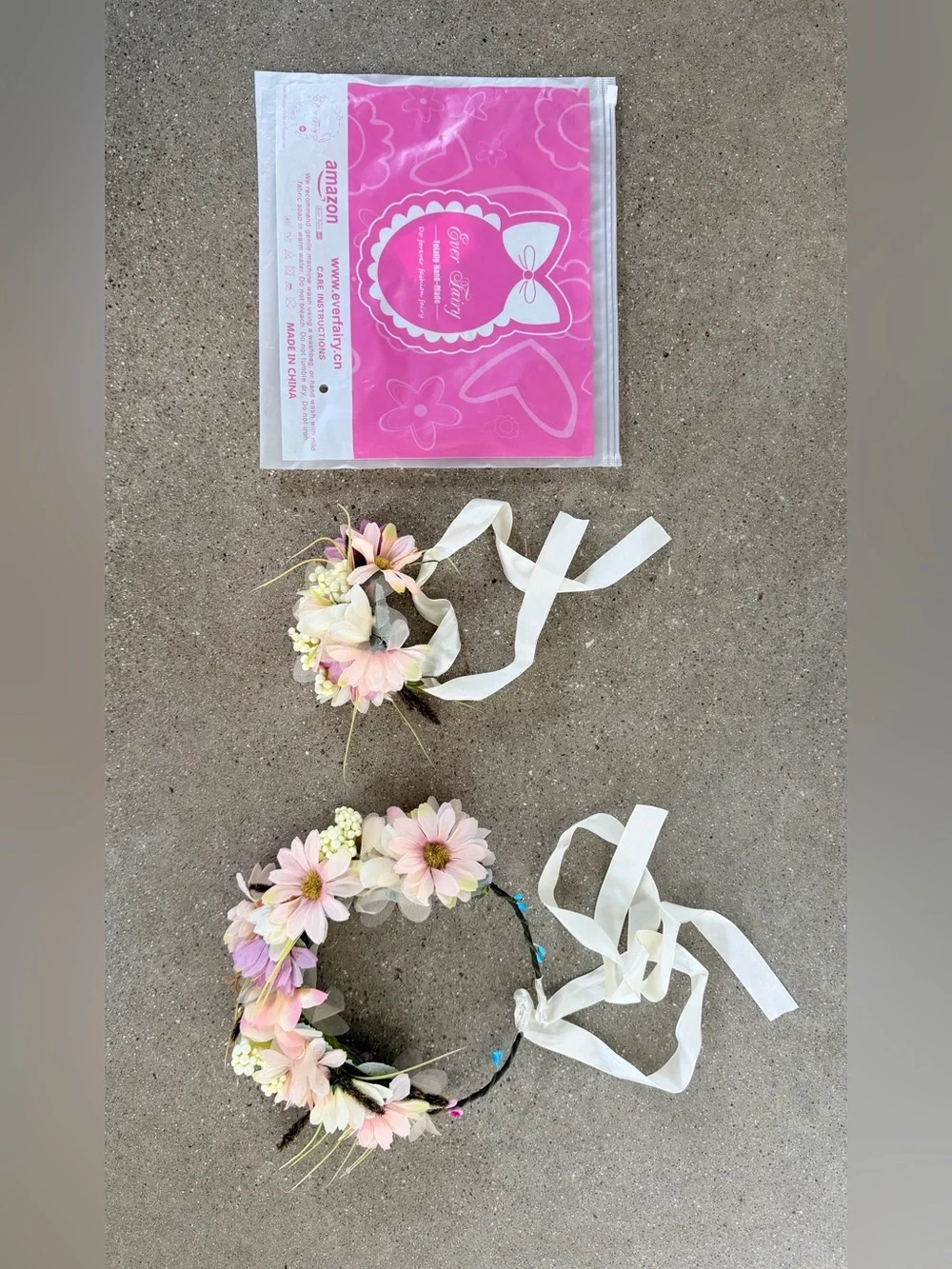 Floral Pink Kids Flower Crown Headbands with White Ribbon